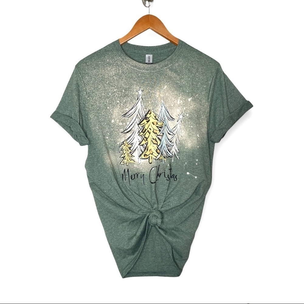 MERRY Christmas Tree Bleach Tee Handmade Heather Green Color Size Medium